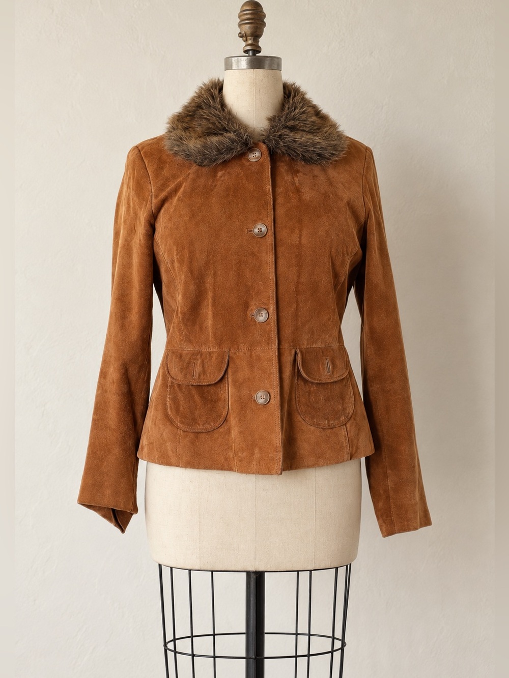 Vintage Alfani Tan Suede Faux Fur Collar pennylane Jacket sz XL